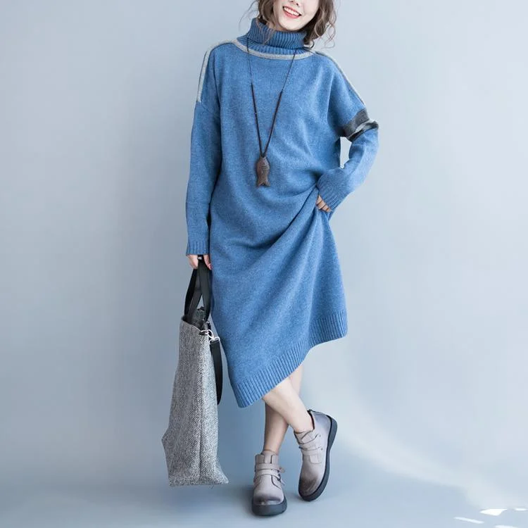 Blue Loose Sweater Dress Oversized Knit Maxi Dress Knitted Caftan Turtle Neck