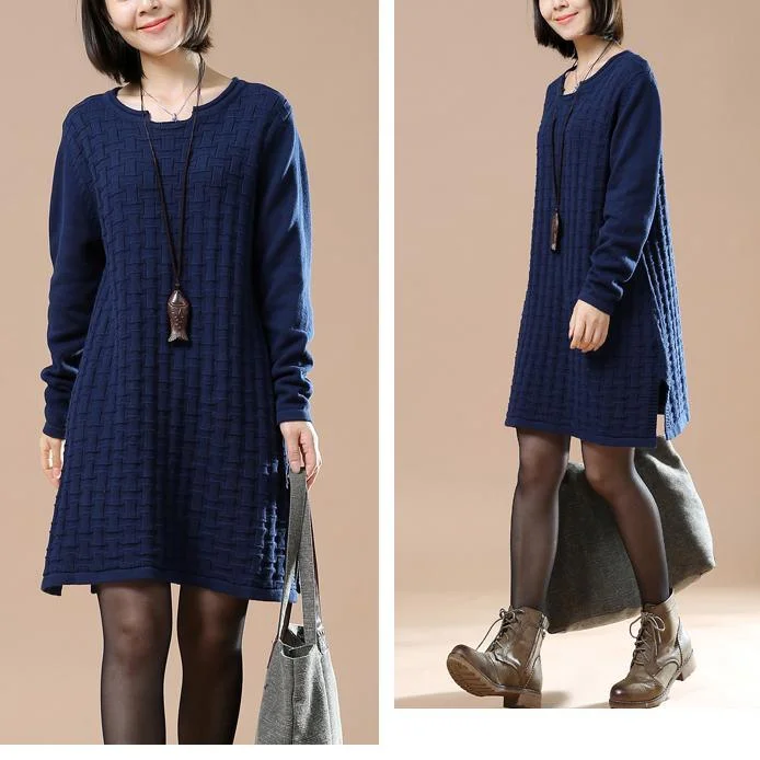 Blue New Pattern Knit Sweaters Women Plus Size Sweater Dress