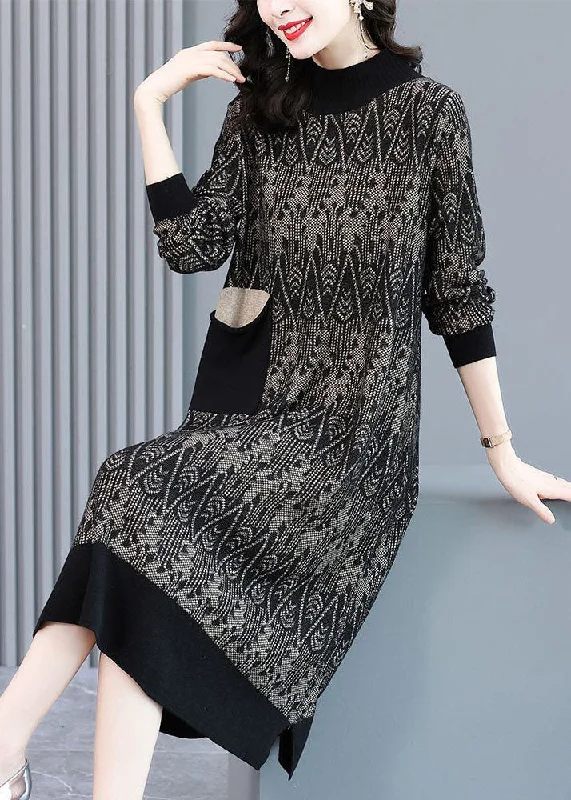 Bohemian Black High Neck Patchwork Jacquard Wool Knit Sweater Dress Winter