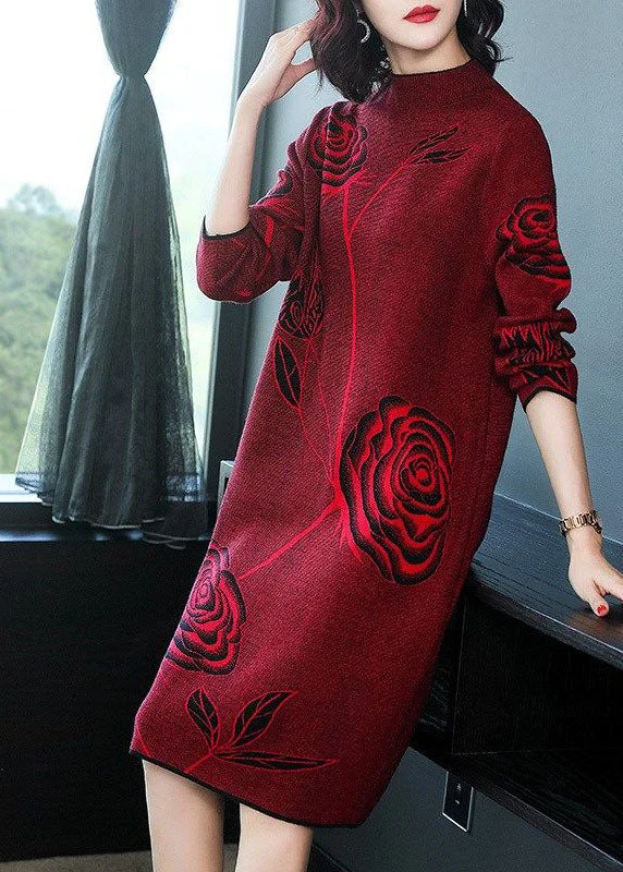 Boutique Red Turtle Neck Floral Print Knit Sweater Dresses Long Sleeve