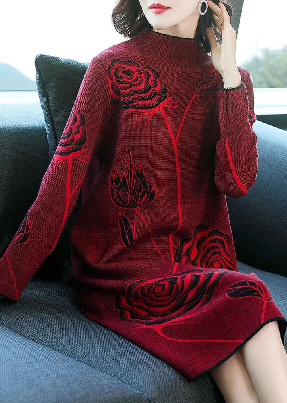 Boutique Red Turtle Neck Floral Print Knit Sweater Dresses Long Sleeve