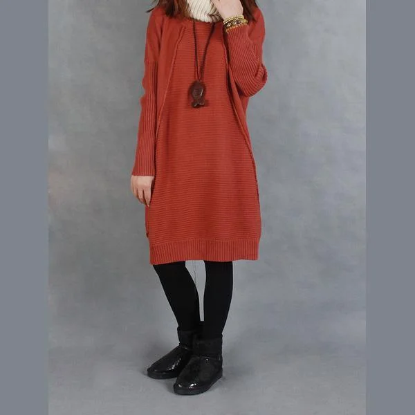 Brick red knitted women sweater dress