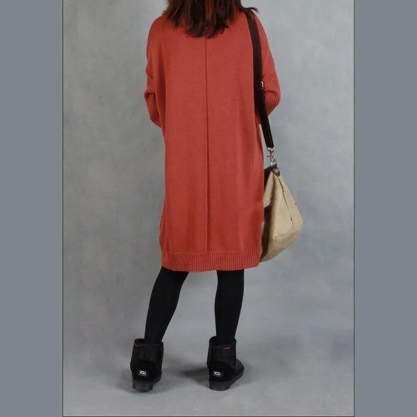 Brick red knitted women sweater dress