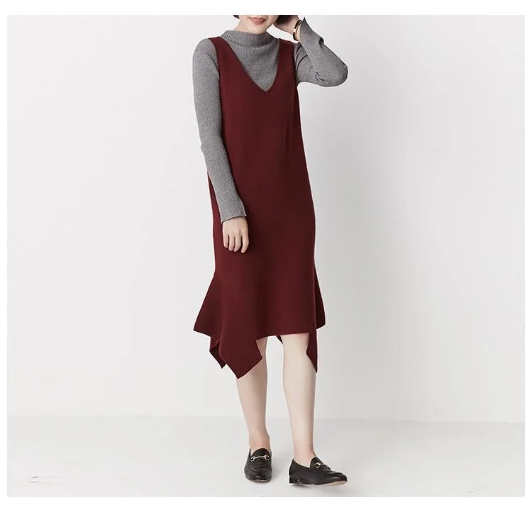 Burdungy strap knit dress asymmetrical hem raw cut