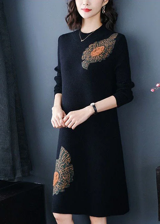 Casual Black Stand Collar Jacquard Knit Sweater Dress Winter