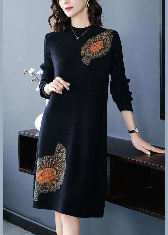 Casual Black Stand Collar Jacquard Knit Sweater Dress Winter