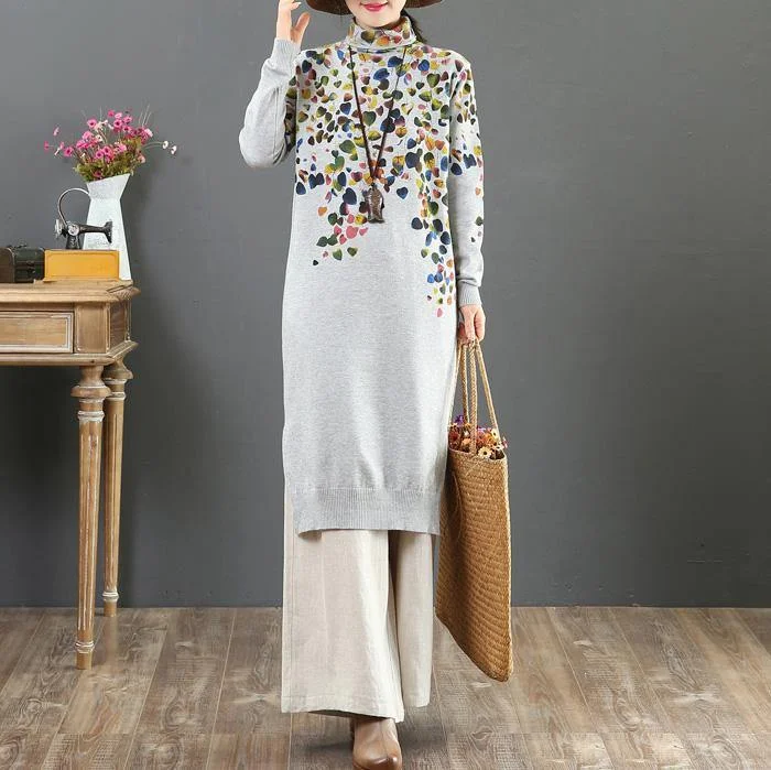 Christmas high neck Sweater winter knit top pattern Beautiful gray prints Big knit dress