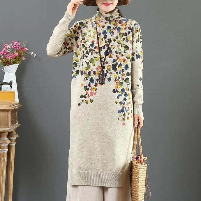 Chunky high neck Sweater side open dresses DIY nude prints daily knit dresses