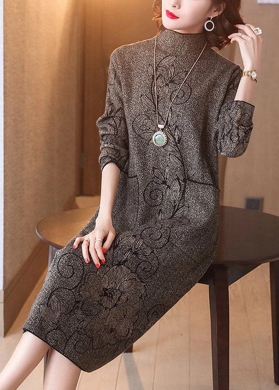 Classy Coffee High Neck Print Pockets Knitted Sweater Dress Winter