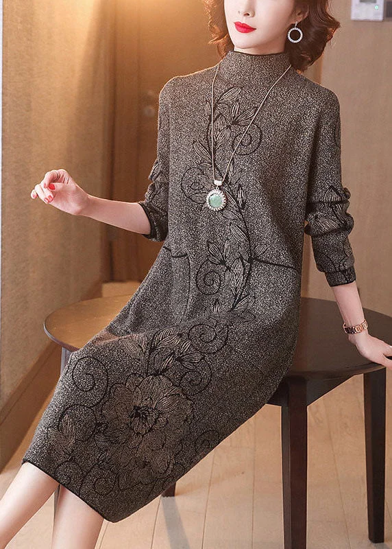 Classy Coffee High Neck Print Pockets Knitted Sweater Dress Winter