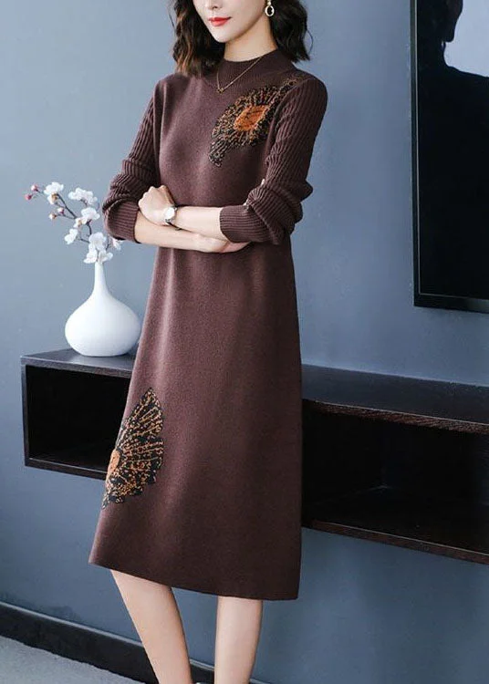 Coffee Jacquard Thick Knit Dress Stand Collar Winter