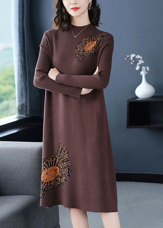 Coffee Jacquard Thick Knit Dress Stand Collar Winter