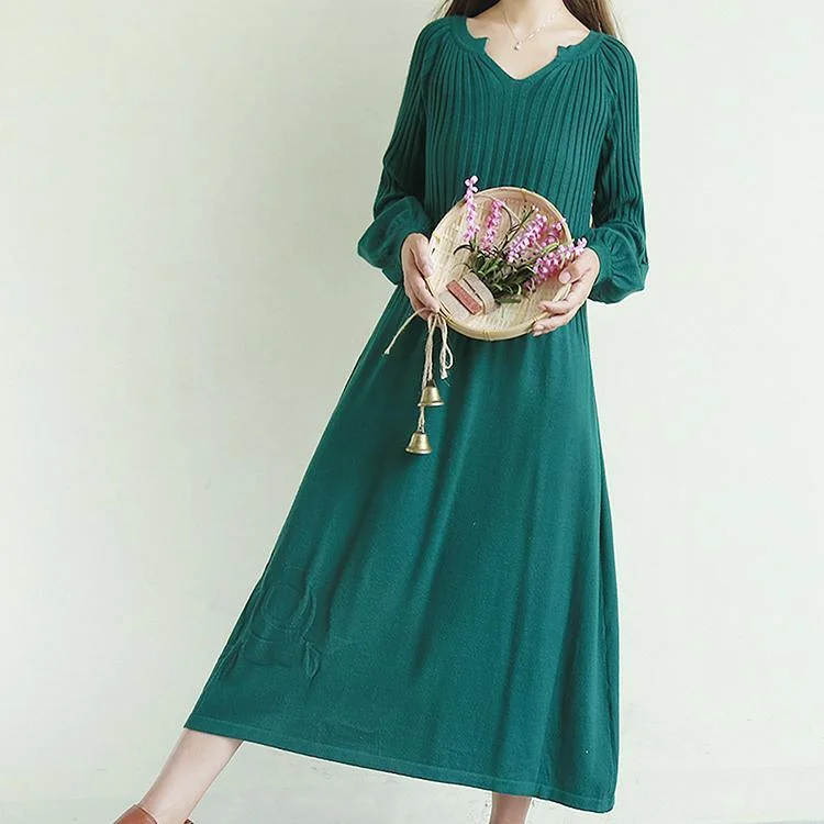 Comfy lantern sleeve Sweater v neck weather Vintage blackish green oversized knit dresses