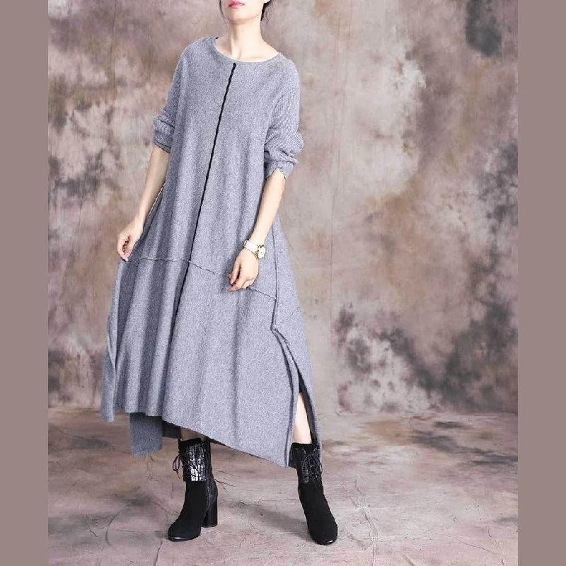 Comfy o neck asymmetric Sweater fall outfits plus size gray baggy knit dresses