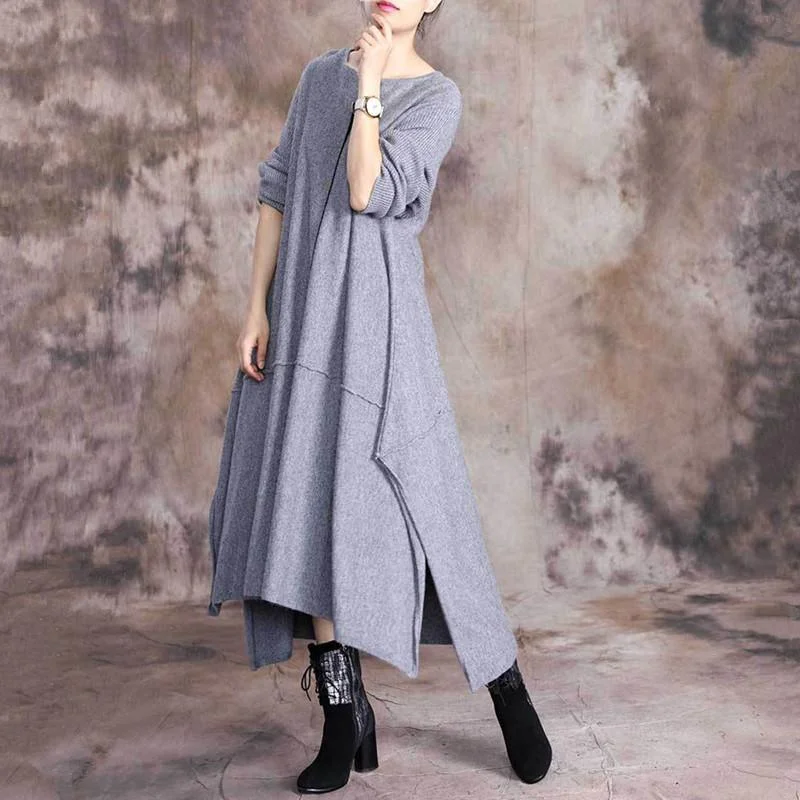 Comfy o neck asymmetric Sweater fall outfits plus size gray baggy knit dresses