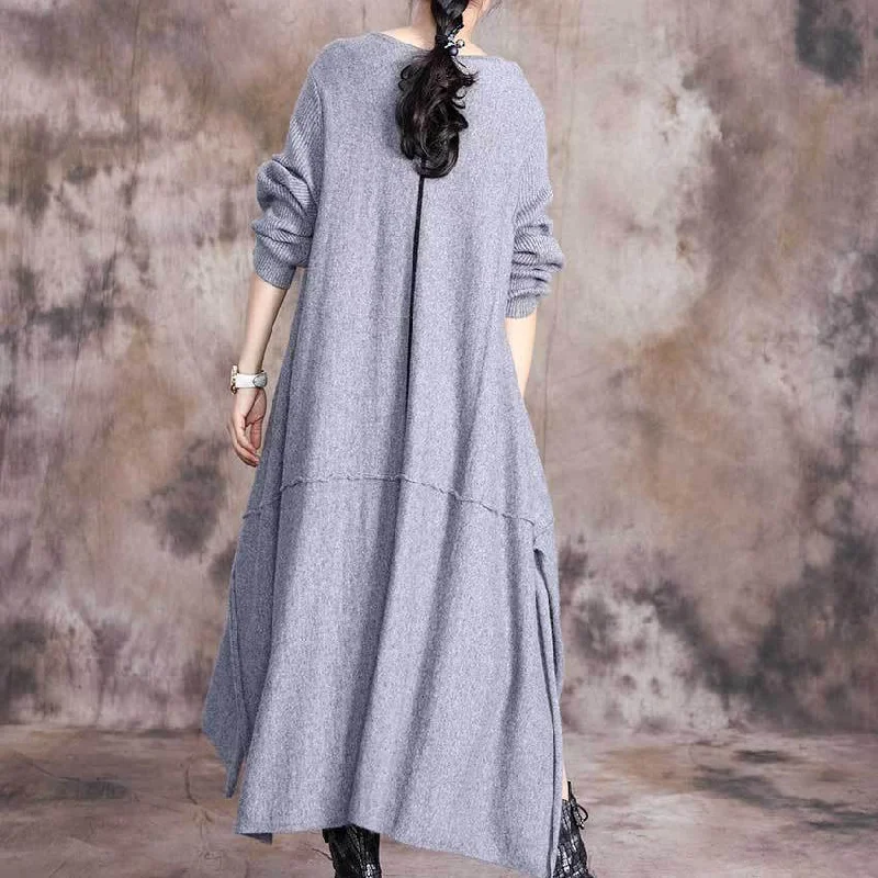 Comfy o neck asymmetric Sweater fall outfits plus size gray baggy knit dresses