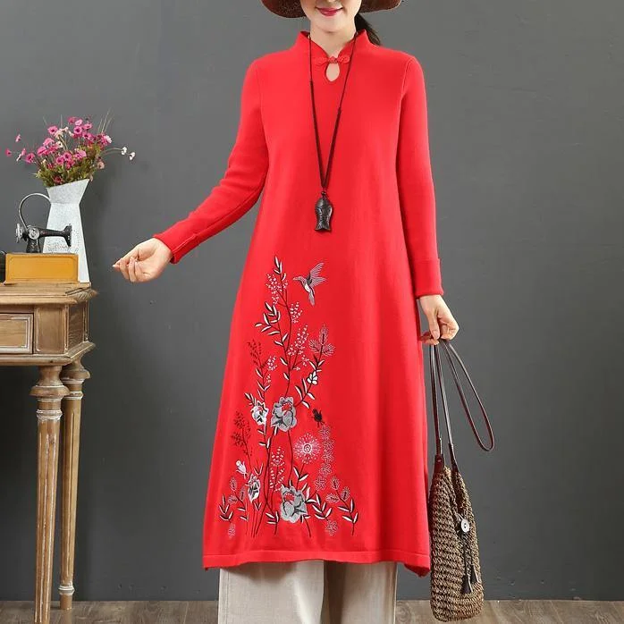 Cozy stand collar Sweater embroidery dress outfit Upcycle red Tejidos knit dress