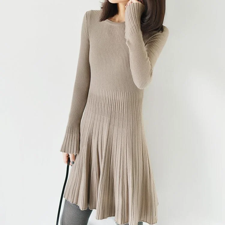 Cream pleated knit tunic dresses tunic elastic knit dress