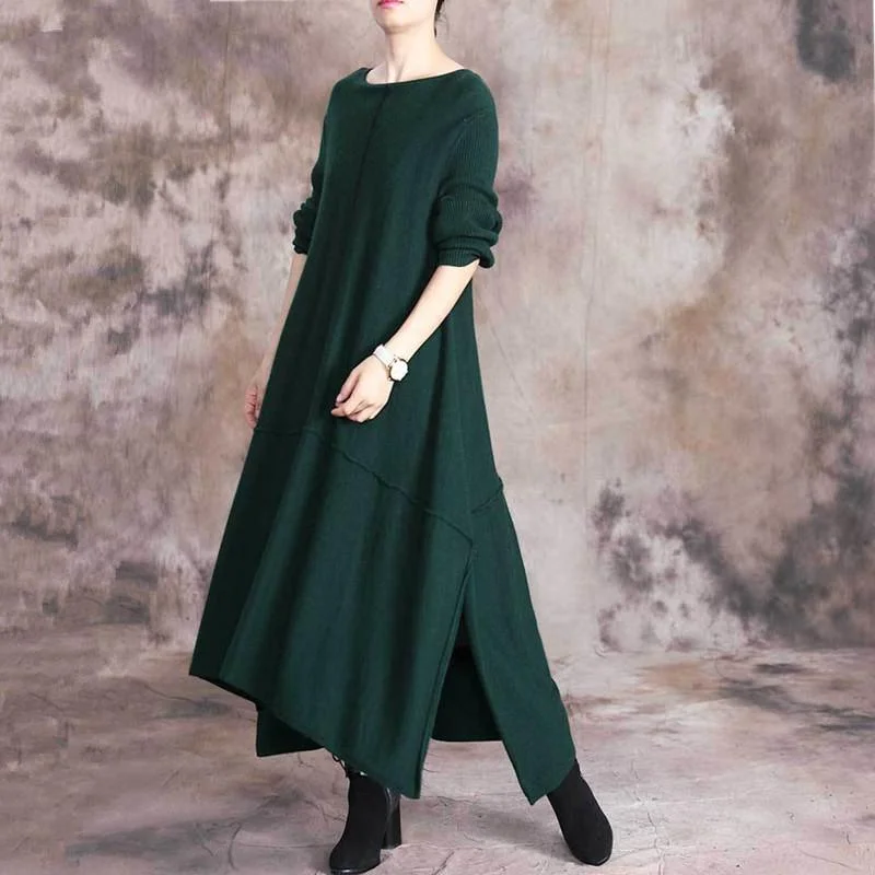 Cute green Sweater dress outfit DIY o neck asymmetric Art fall knit dresses