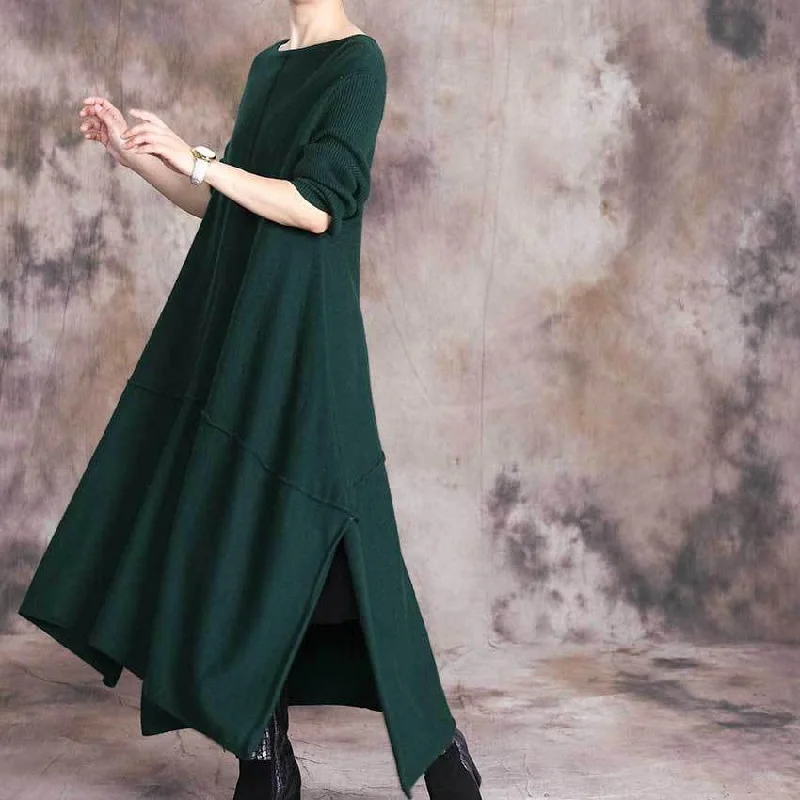 Cute green Sweater dress outfit DIY o neck asymmetric Art fall knit dresses