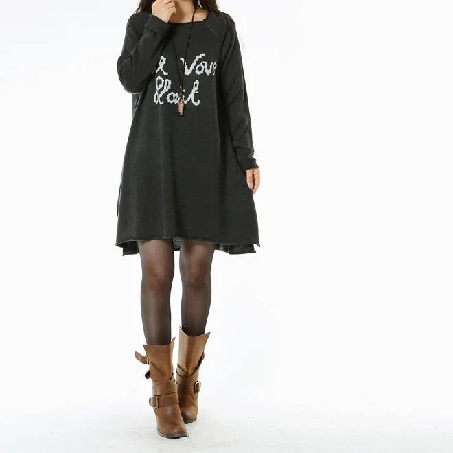 Dark grey knitted sweater dresses looose style