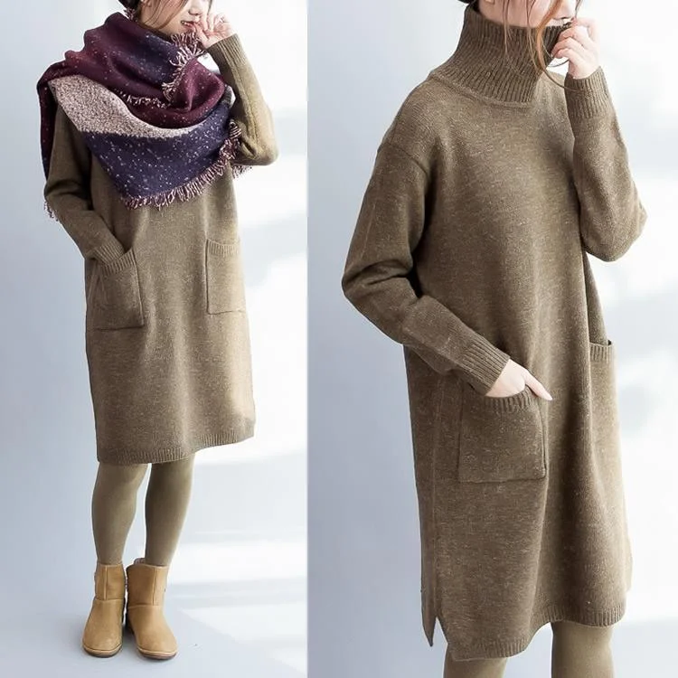 Deep khaki knit sweater dress oversize knitted dresses long sleeve cotton sweaters