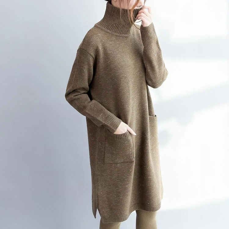 Deep khaki knit sweater dress oversize knitted dresses long sleeve cotton sweaters