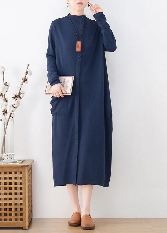 Elegant Blue Turtleneck Button Pockets Cotton Knit Dress Long Sleeve