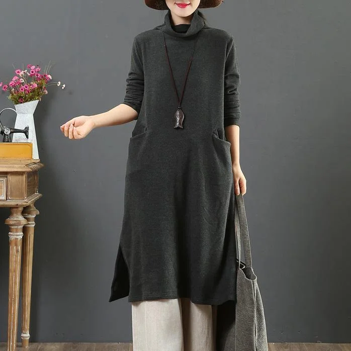 Fashion high neck Sweater side open outfits Beautiful dark gray slim Ugly sweater dresses