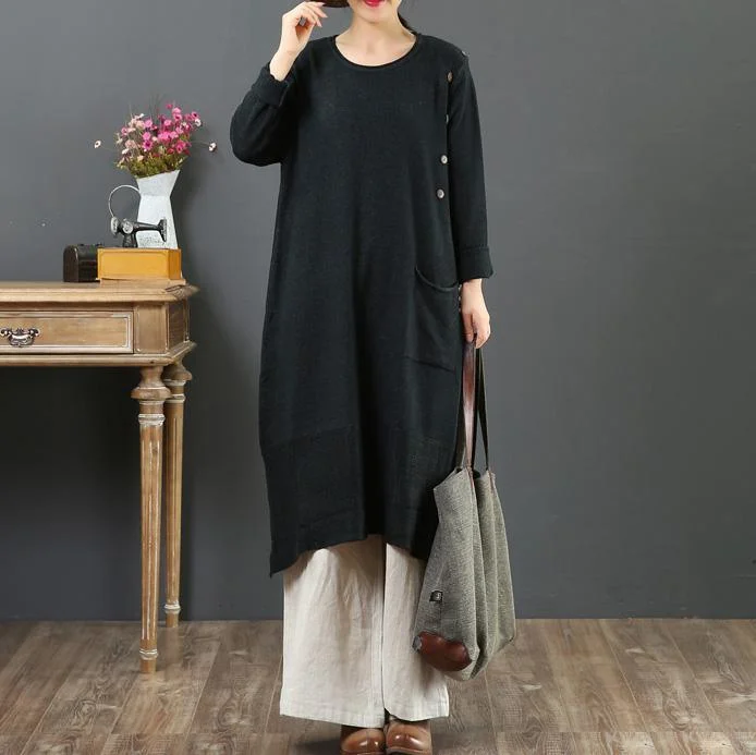 Fashion loose Sweater o neck weather plus size black Largo knit dresses