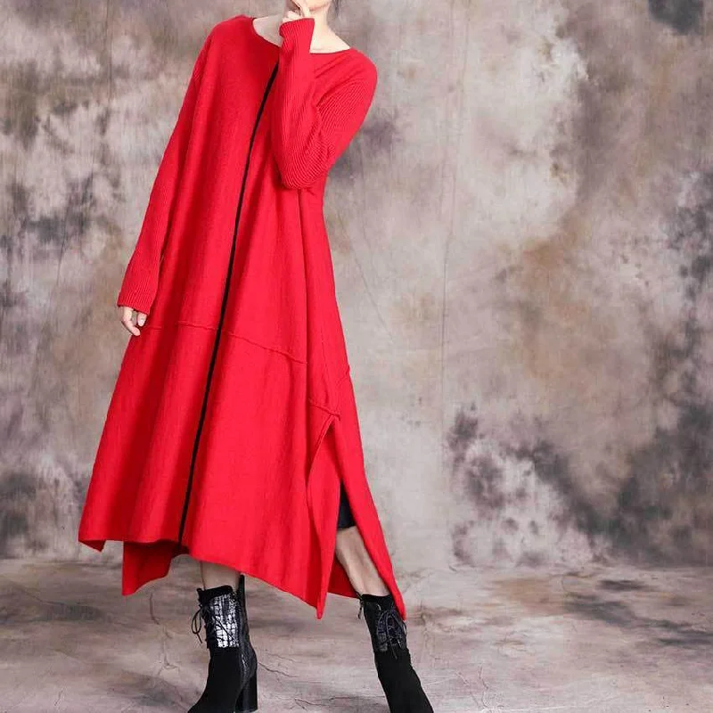 For Spring o neck asymmetric Sweater fall Wardrobes fashion red baggy knit dresses