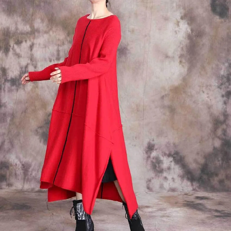 For Spring o neck asymmetric Sweater fall Wardrobes fashion red baggy knit dresses