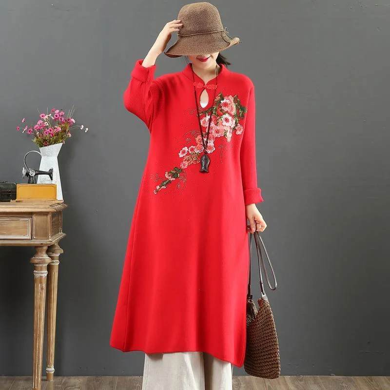 For Work stand collar Sweater embroidery dresses Street Style red wild DIY knit dresses