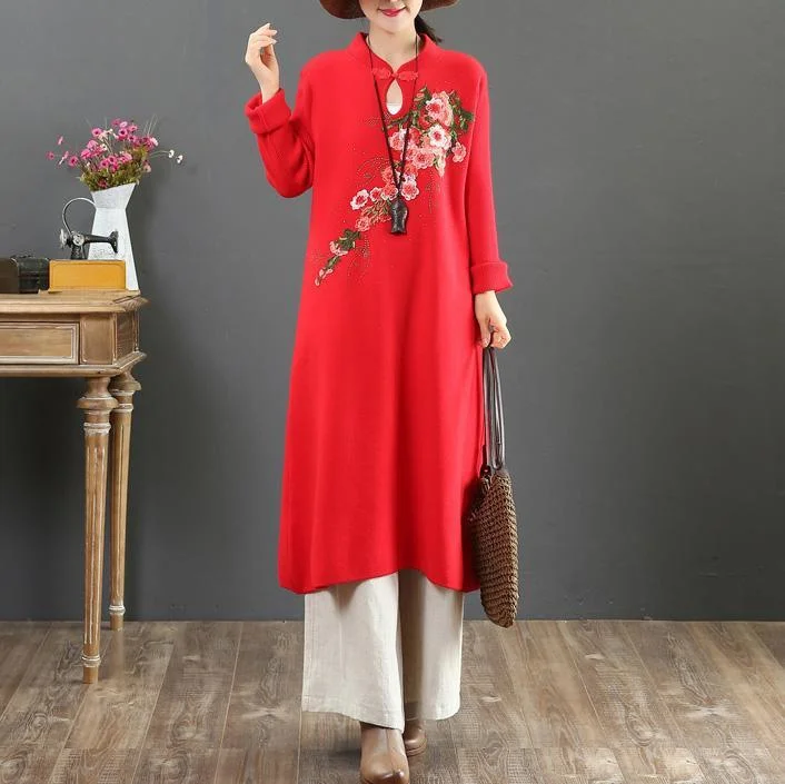 For Work stand collar Sweater embroidery dresses Street Style red wild DIY knit dresses