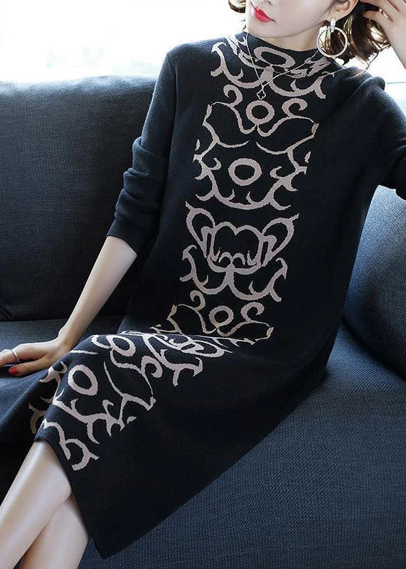 French Black Stand Collar Print Knit Sweater Dress Winter