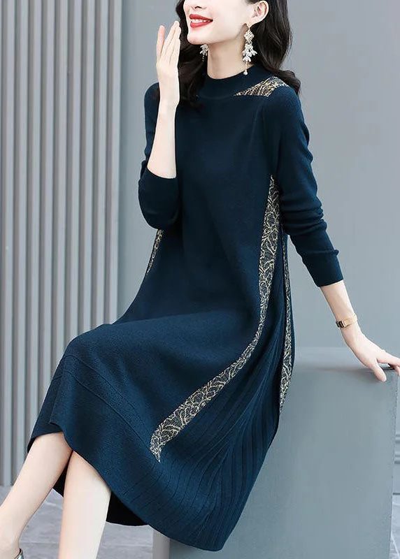 French Navy O-Neck Jacquard Patchwork Wrinkled Knit Dress Winter