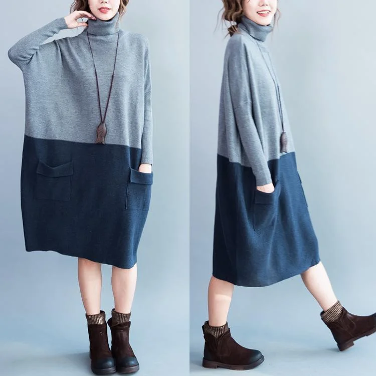 Gray cotton patchwork sweaters baggy kintted sweater dresses