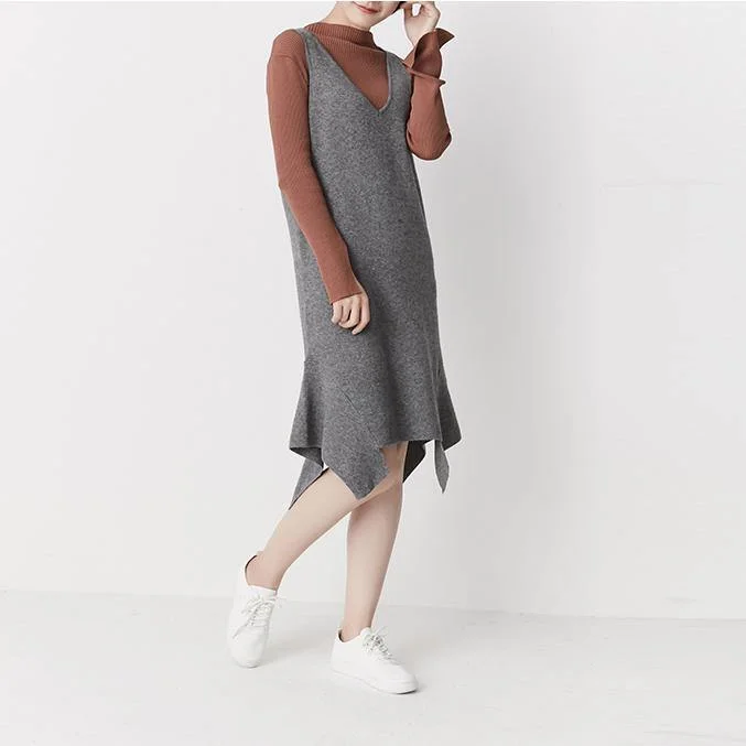 Gray sleeveless knit dress tunic strap dresses