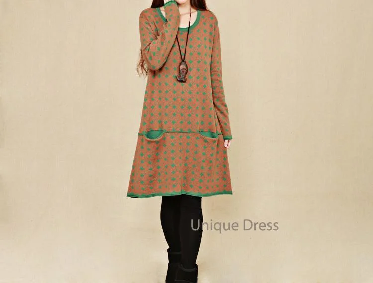 Green print women long sweater dress