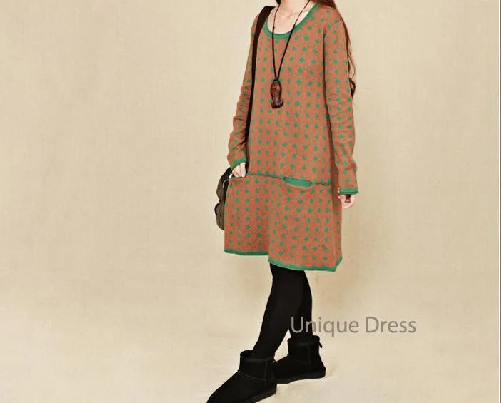 Green print women long sweater dress