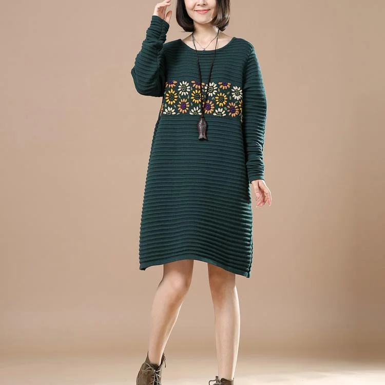 Green sweaters daisy embroidery knit dress