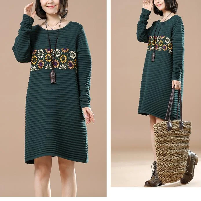 Green sweaters daisy embroidery knit dress