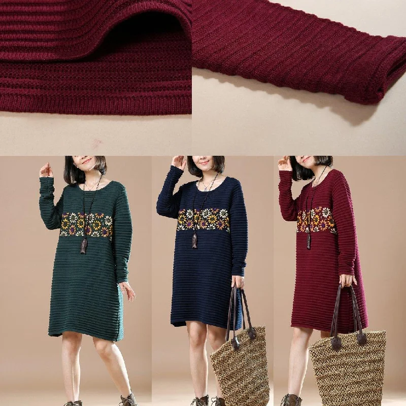 Green sweaters daisy embroidery knit dress