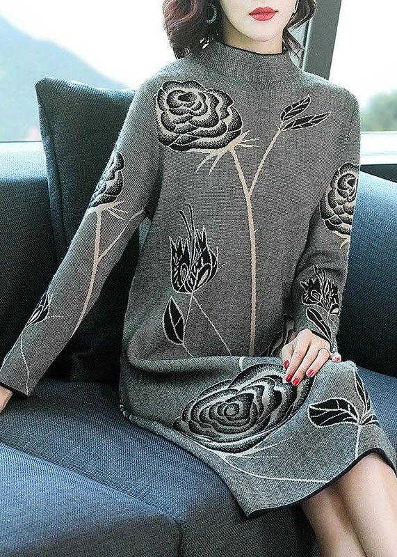 Grey Floral Print Knit Long Sweater Dress Turtleneck Winter