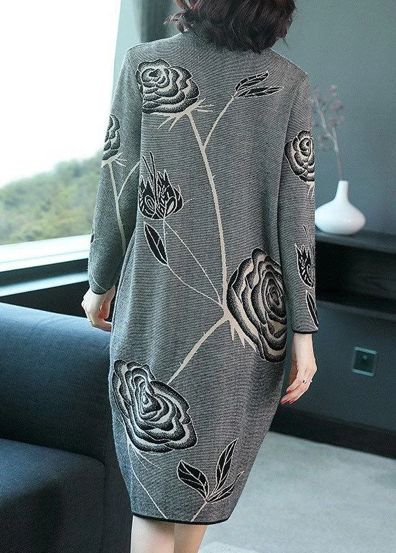 Grey Floral Print Knit Long Sweater Dress Turtleneck Winter