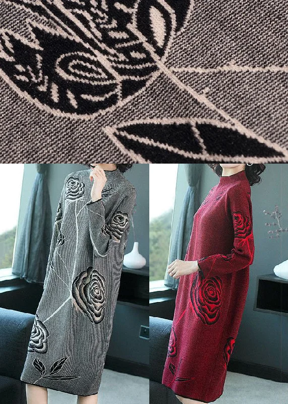 Grey Floral Print Knit Long Sweater Dress Turtleneck Winter