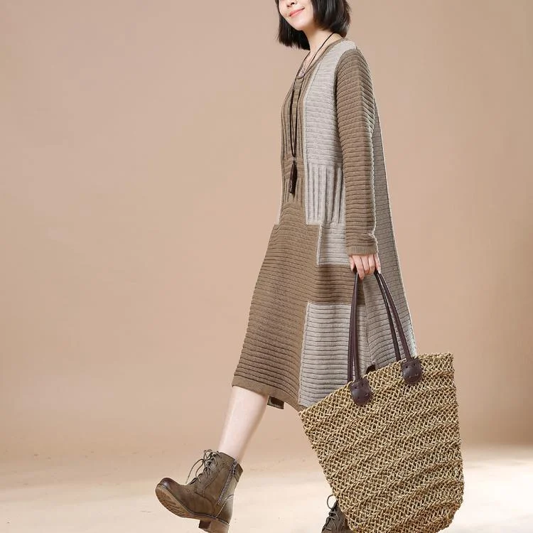 Khaki cable knit sweaters long women knit dress oversize