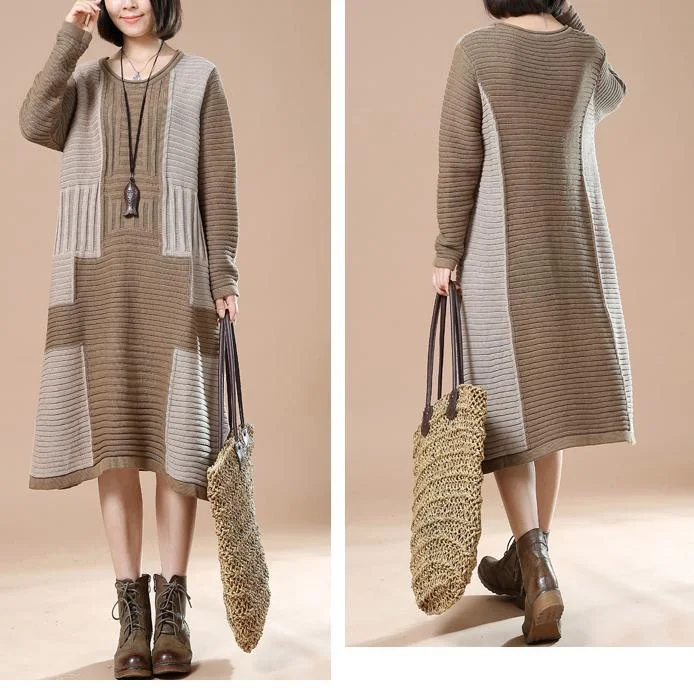 Khaki cable knit sweaters long women knit dress oversize