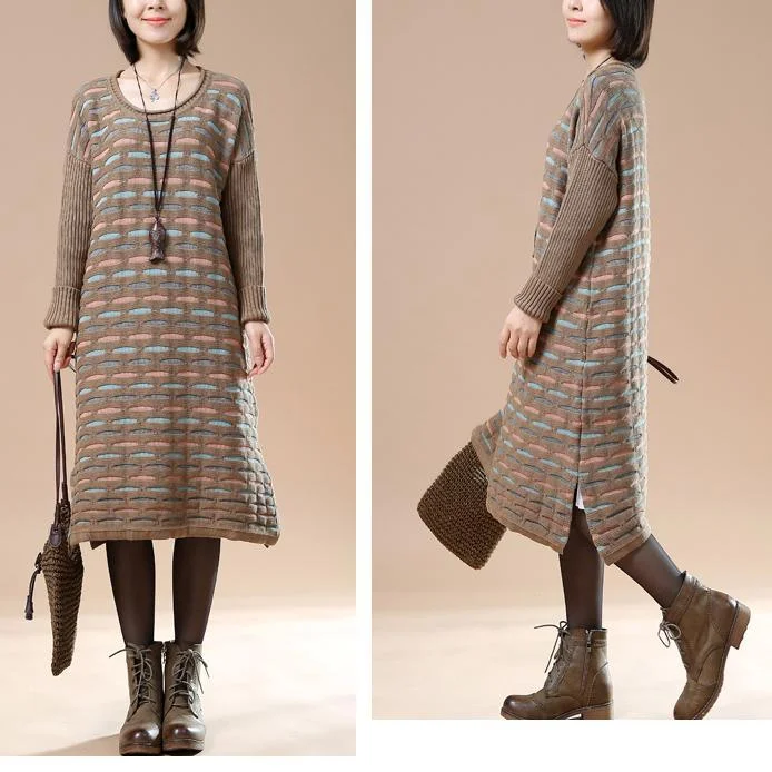 Khaki long sweaters women knit dresses the lake