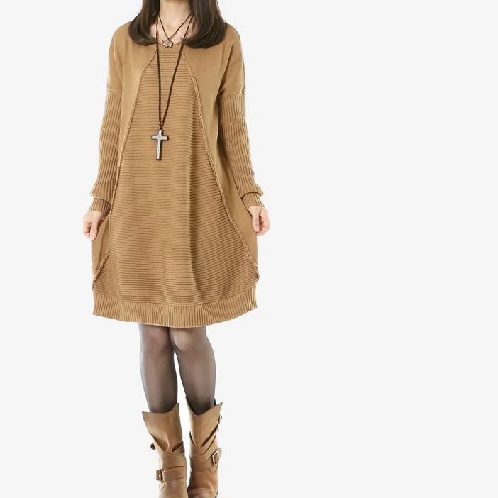 Khaki long women sweaters oversize sweater dress